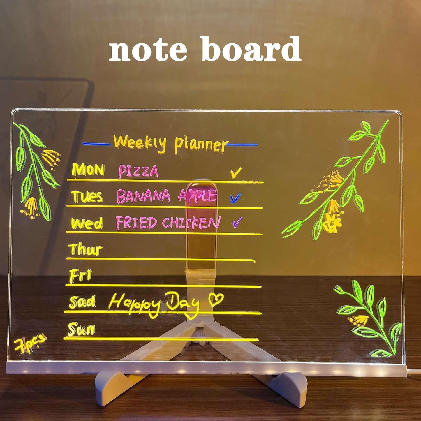 2024 LED Note Board with Colors, Acrylic Dry Erase Board with Light, Glowing Acrylic Message Board Set (1 Stand and 7 Colored Markers) (Inches, 11.8 X7.9)